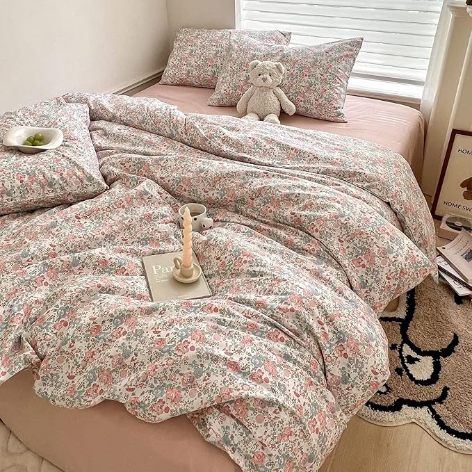 LifeTB Queen Size Comforter Set Boho Pink Floral Bedding Comforter with 2 Pillowcases Vintage Garden Style Boho Comforter for Queen Bed Cute Flower Bedding Fluffy Cottagecore Botanical Comforter Set