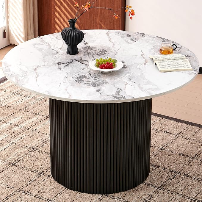 Homedot Modern Round Pedestal Dining Table for 4-6, 47" Kitchen Table with White Marble Grain Tabletop Engineered Wood Base, Classic Dinner Table Fluted Easy Assemble for Living Room Dining Room