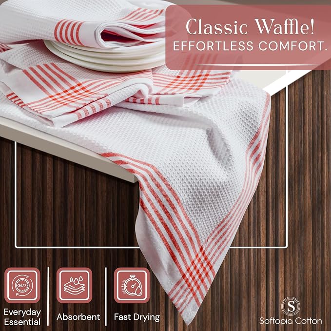 Waffle White & Red Kitchen Dish Towels, Set of 4, 100% Cotton 16x26 inches, Absorbent Tea Towel, Multi-Purpose Hand Cleaning Towel, Strong and Reusable Dish Cloths for Drying Dishes