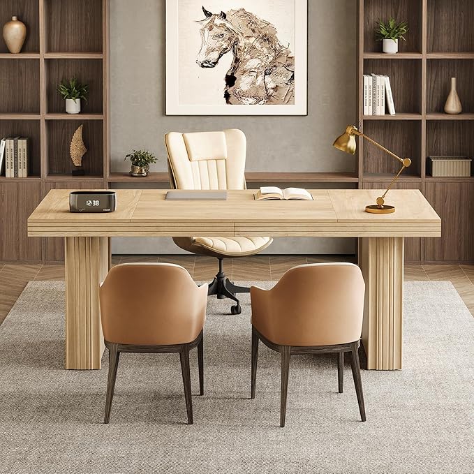 Tribesigns 63" Executive Desk, Modern Executive Office Desk with Thickened Desktop and Heavy-Duty Legs, Wood Writing Workstation Study Table Conference Table for Office, Natural