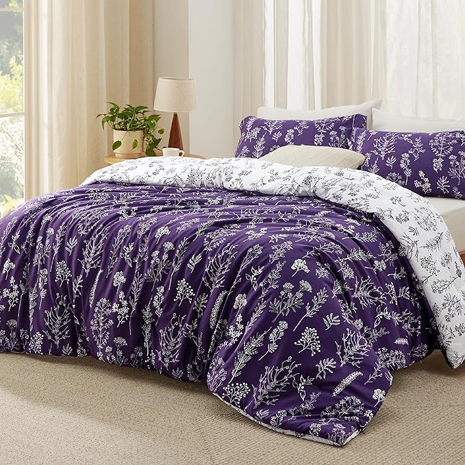Bedsure King Comforter Set - Dark Purple Bed Set, 3 Pieces Cute Floral Bedding, 1 Soft Reversible Botanical Flowers Comforter and 2 Pillow Shams