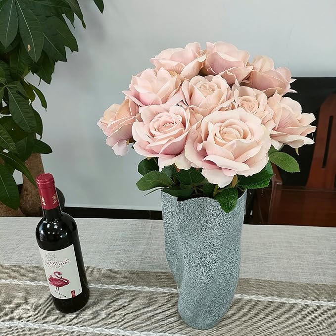 ATFL Silk Floral Pink Roses, 12 Pcs Fake Pink Flowers Fake Roses Artificial Flowers Bulk,Floral Diameter 4'', Artificial Fake Silk Rose with Stems for Wedding,Floral Diameter 4''(Fall Pink)
