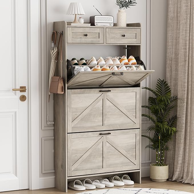Shoe Cabinet with 3 Flip Drawers & 2 Top Drawers, 57" Tall Freestanding Narrow Wooden Shoe Storage Organizer for Entryway, Hidden Slim Shoe Rack for Front Door Entrance, Hallway, Living Room, Grey