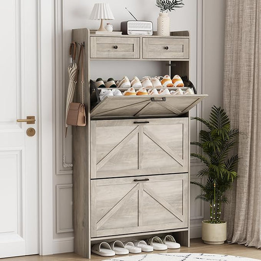 Shoe Cabinet with 3 Flip Drawers & 2 Top Drawers, 57" Tall Freestanding Narrow Wooden Shoe Storage Organizer for Entryway, Hidden Slim Shoe Rack for Front Door Entrance, Hallway, Living Room, Grey