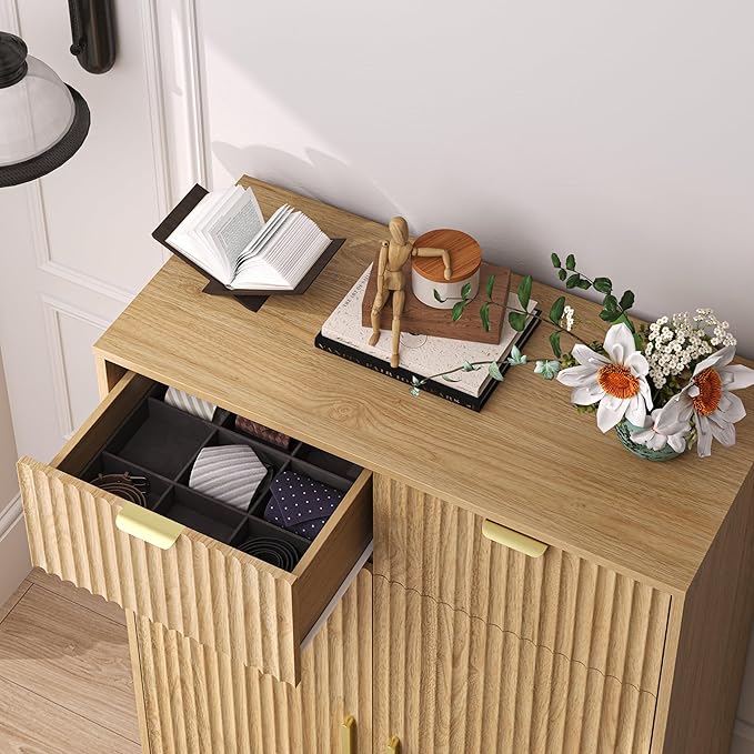 BOXACTION Fluted Shoe Cabinet, 4-Tier Mid Century Modern Narrow Shoe Storage Cabinet with Doors & 2 Drawers, Adjustable Shelves, Freestanding Hidden Shoe Rack Organizer & Wooden Legs for Entryway