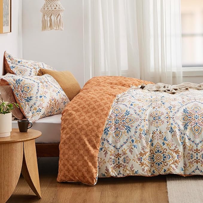 Bedsure Duvet Cover King Size - Reversible Floral Duvet Cover Set with Zipper Closure, 3 Pieces Bohemian Orange Bedding Set with 8 Corner Ties and 2 Pillow Shams 20"x36"