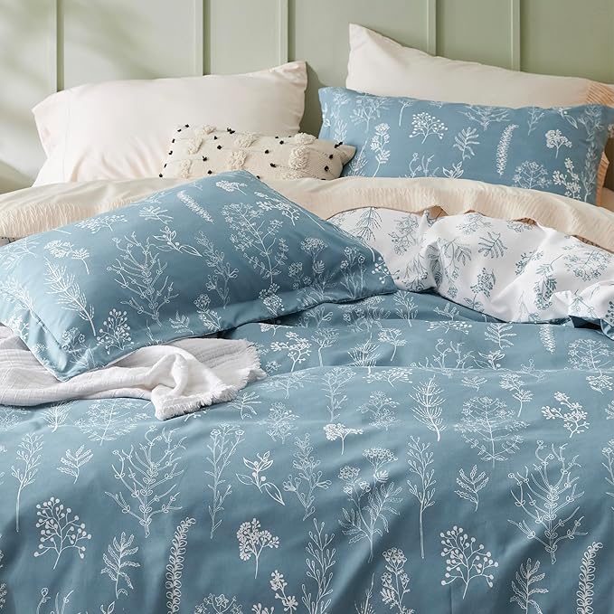 Bedsure Duvet Cover King Size - Reversible Mineral Blue King Duvet Cover Set with Zipper Closure, 3 Pieces Floral Patterned Bedding Set with 8 Corner Ties and 2 Pillow Shams
