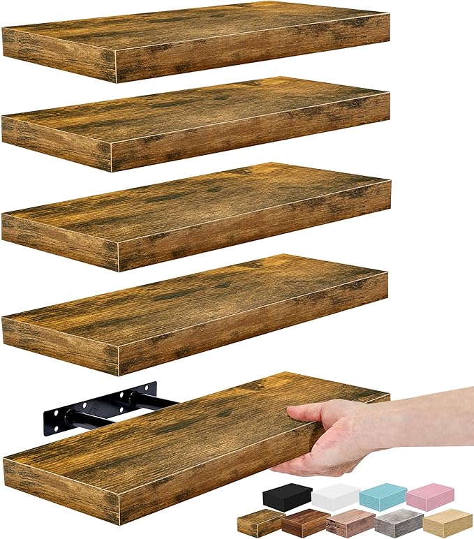 Sorbus Floating Shelves for Wall – 16 Inch Floating Shelf for Kitchen, Bedroom, Living Room, Bathroom, Home & Wall Decor - Mounted Bathroom Shelves with Invisible Brackets (Rustic Brown, 5 Pack)