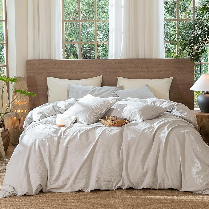 MooMee Wavy Striped Duvet Cover Set 100% Washed Cotton Linen Like Textured Breathable Durable Soft Comfy (Light Grey, Super Queen 90"x98")