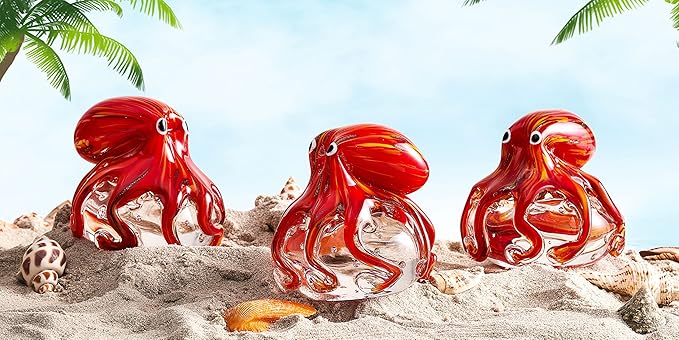 EUSTUMA Hand Blown Glass Octopus Figurine Ornament,Sea Animal Ornament for Fish Tank Aquarium,Sea Animals Collection for Birthday Gift,Glass Office Paperweight for Desk.