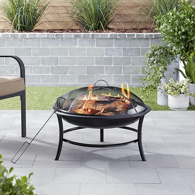 26-Inch Round Iron Outdoor Wood Burning Fire Pit with Spark Screen & Poker, Portable for Patio, Backyard, and Camping