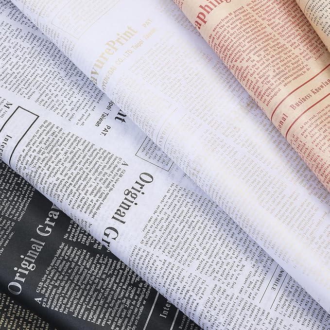 FWSA WRAPS Vintage Newspaper Tissue Paper Sheets Flower Wrapping Paper for Bouquets 28pcs Kraft Paper with Red Classic Newsprint Paper Party Wedding Home Decoration 27.5x19.7 Inch (4 kraft red)