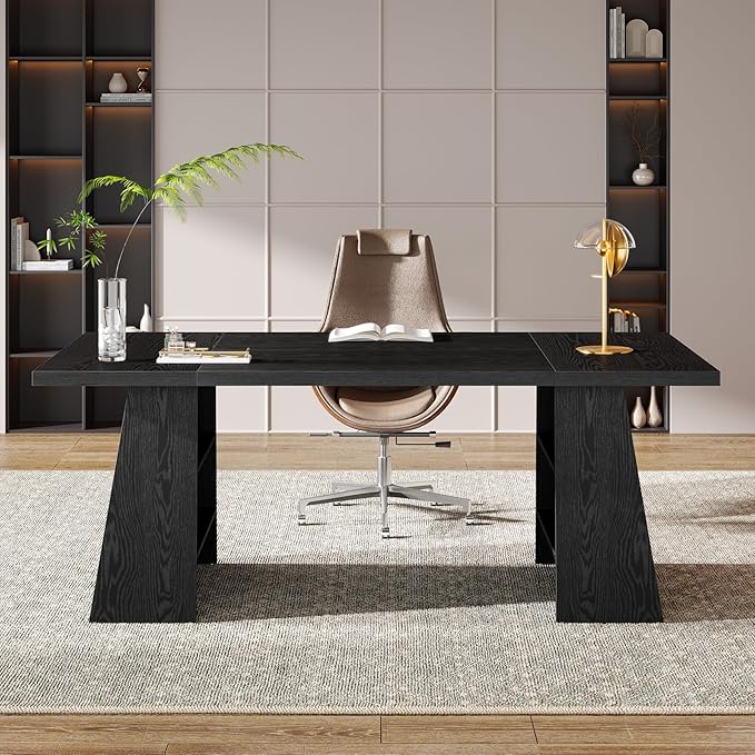 Tribesigns 63-Inch Executive Desk, Modern Black Office Desk with Double Pedestal and Storage Shelves, Simple Large Computer Writing Conference Table Workstations Business Furniture for Home Office