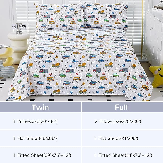 Viviland 3 Pieces Boys White Twin Sheet Set - Soft Microfiber Fitted Flat Sheets & Pillowcase - White Cars Traffic Lights Print Bedding Sets - for Kids & Toddlers