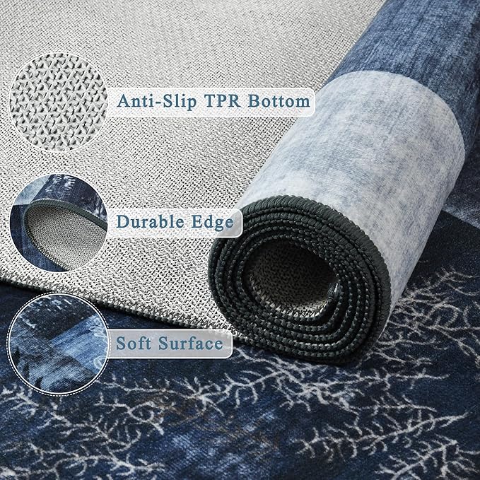 Tepook 9x12 Blue Area Rugs for Living Room, Modern Large Geometric Rug for Bedroom, Washable Patchwork Rug Indoor Non Slip Throw Carpets for Dining Room Office Farmhouse Home Decor