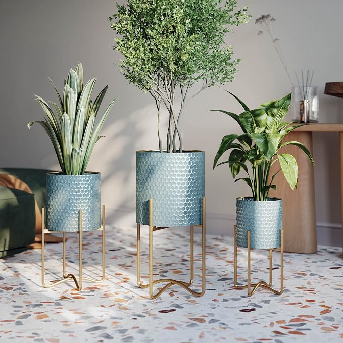 EverNest Mid-Century Modern Rhys Honeycomb Embossed Planter Pot With Ambrose Stand, Metal Indoor Plant Pots, Blue Green Bohemian Style (Set Of 3)
