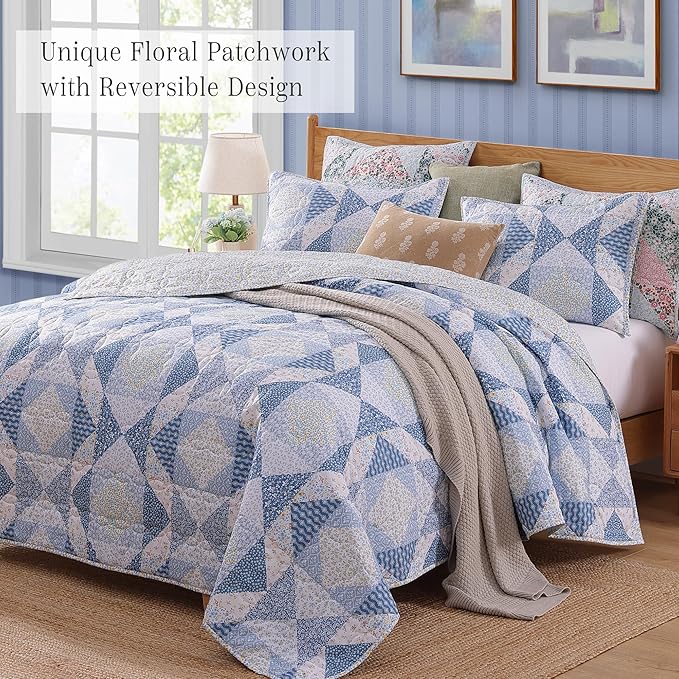 Quilt Set Queen Size, Patchwork Blue Marigold Floral Quilt Sets, Reversible Bedspread Lightweight and Breathable for All Seasons, Soft Quilted Bedspread with 2 Pillow Shams