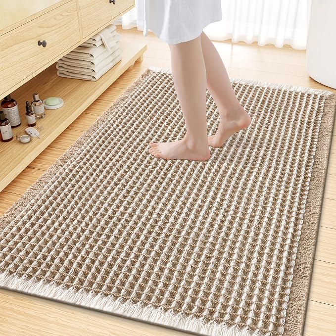 Smiry Waffle Bath Mat 59x35, Extra Soft Absorbent Bathroom Rugs, Non Slip Machine Washable Quick Dry Bath Rugs for Bathroom Floor, Tub, Shower, Home Decor Accessories, Brown & Cream