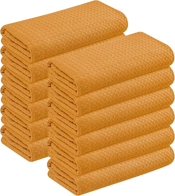 Yellow Waffle Kitchen Dish Towels, 100% Cotton, Quick Dry, Super Absorbent, Soft, 16x26 Inches – Ideal for Dish Drying, Bar, Tea, Cleaning, and Everyday Use, 12 Pack, Mustard Yellow