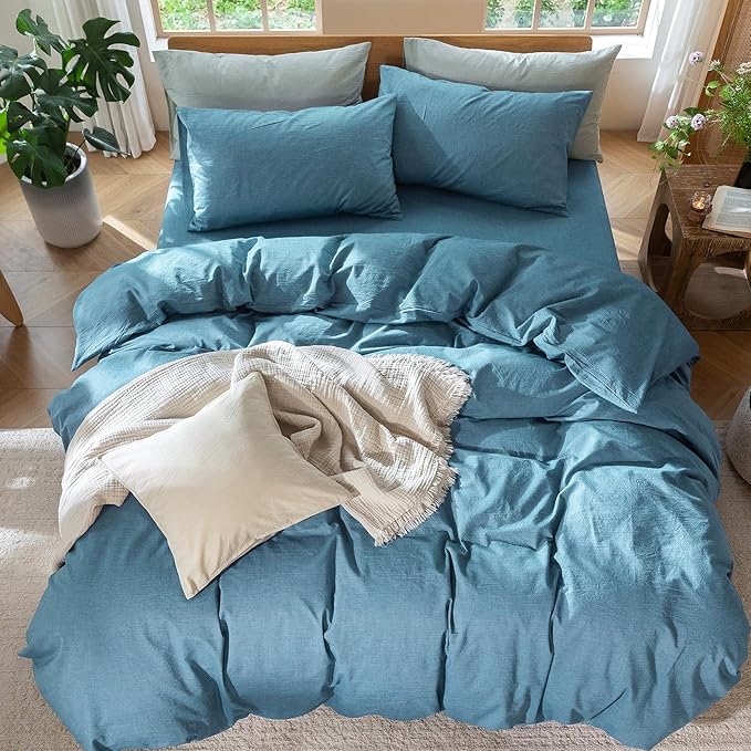 MooMee Bedding Duvet Cover Set 100% Washed Cotton Linen Like Textured Breathable Durable Soft Comfy (Heathered Peacock Blue, Full 80"x90")