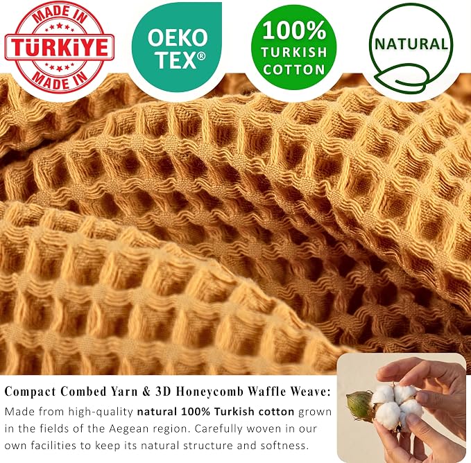 PÜSKÜL 4-Piece Natural 100% Turkish Cotton Luxury Waffle Towels for Bathroom | Premium Honeycomb Weave 2 Hand Towel & 2 Bath Towel Set | Soft Absorbent Quick-Dry Lightweight Towels (Mustrad Yellow)