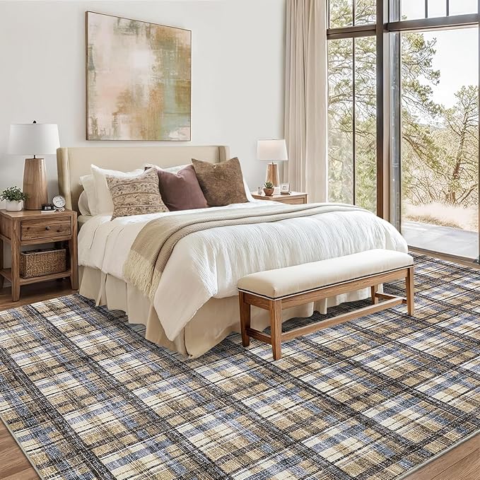 Washable Rug 9x12 Area Rug for Living Room Modern Bedroom Rug Large Area Rug Non Slip Throw Rugs Soft Low Pile Stain Resistant Carpet for Dining Room Department Dorm, 9'x12' Blue&Camel