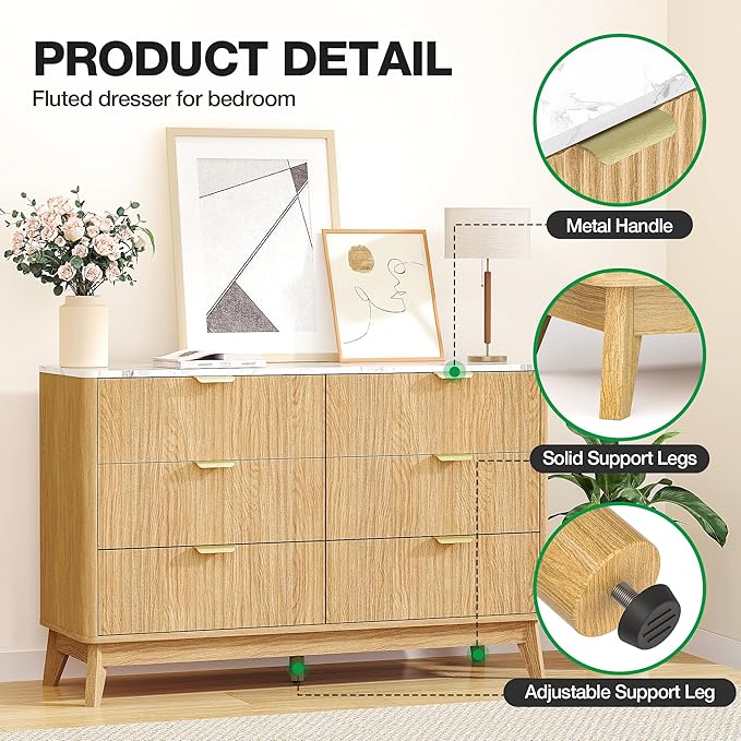 Fluted 6 Drawer Dresser, 47" Wide Chest of Drawers with Faux Marble Top,Modern Dresser TV Stand, Wood Closet Clothes Storage Organizer with Curved Edges for Bedroom, Living Room, Natural