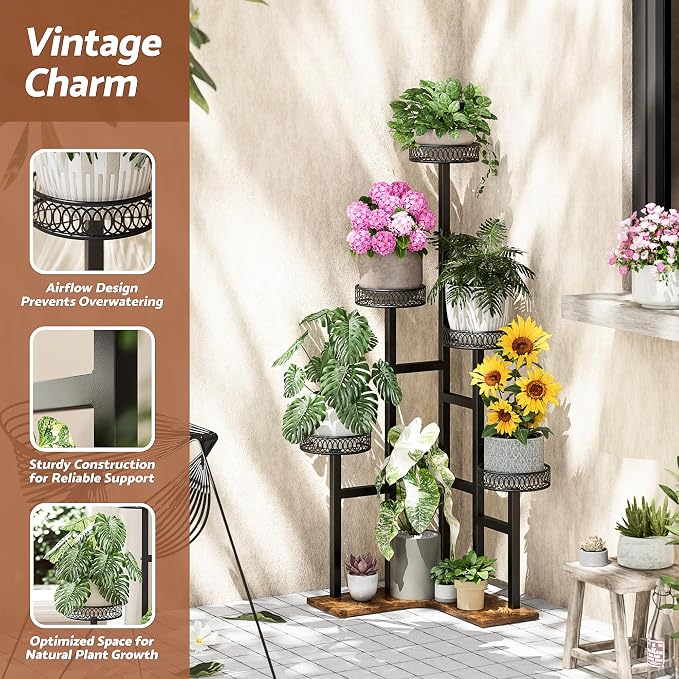 Black Wood Stand Plants, 5 Tiered Corner Metal Plant Stands Tall Indoor,Heavy Duty Flower Pot Stands for Multiple Plants,Decoration Display Racks for Patio Garden -BlackFlower