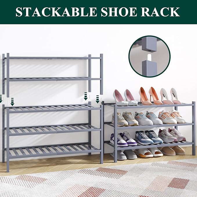 Smiry Bamboo Shoe Rack for Closet, 4 Tier Wooden Stackable Shoe Organizer, Free Standing Shoes Storage Shelf for Entryway, Front Door Entrance, Grey