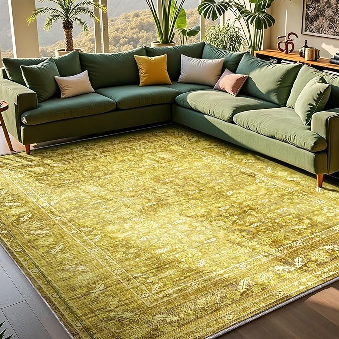 OPPODREAM Vintage Yellow Area Rugs 9x12, 9 x 12 Retro Washable Rug Non Slip, Low-Pile Faux Wool Carpet, Distressed Floor Mat for Living Room, Bedroom, Office, Dorm, Dinning Room, Big & Large