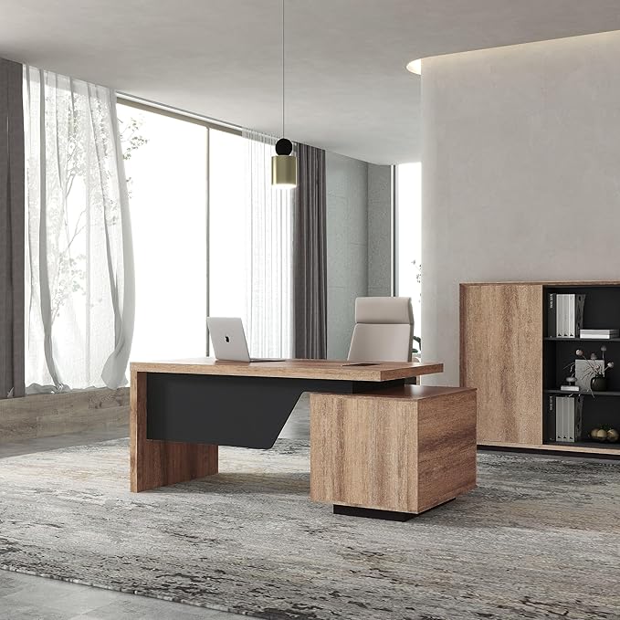 Modern Executive Desk, Rectangle Office Desk with Storage Cabinet, Width Adjustable Standing Desks, Stand Under Table Storage Organizer, Wood