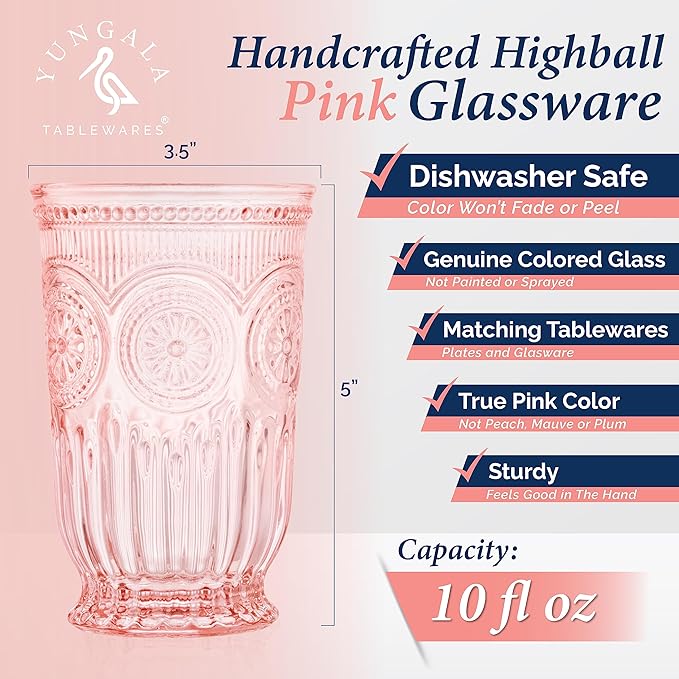 Pink Highball Glasses Set of 6 Tall Drinking Glasses 10 oz