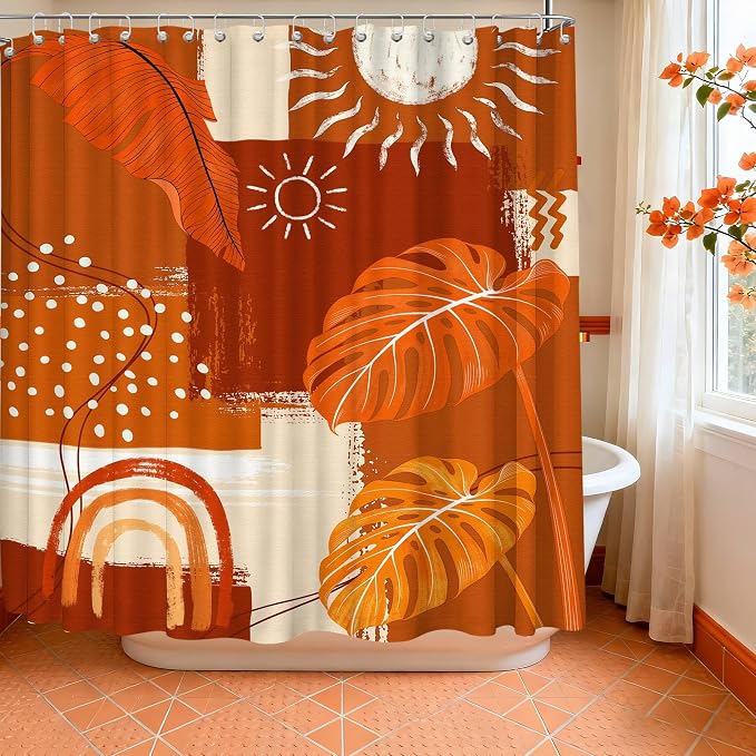 Extra Long Shower Curtain Extra Tall Burnt Orange XL Abstract Tropical Leaf Shower Curtains for Large Bathroom Decor Sets, Waterproof Cloth Fabric with Hooks, 108x72 Inch