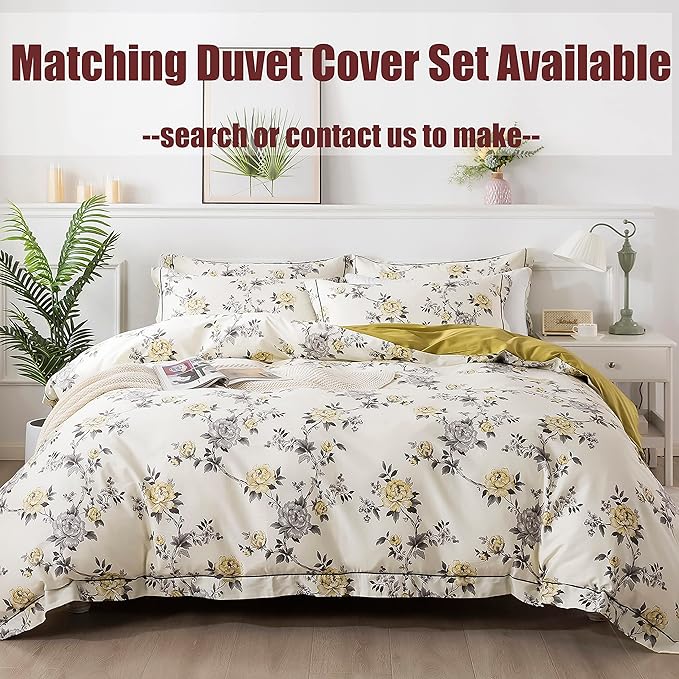 FADFAY Floral Sheets Set Full Vintage Rose Floral Bedding Shabby Grey and Yellow Peony Sheets Farmhouse Bedding 800 Thread Count 100% Egyptian Cotton Soft Deep Pocket Fitted Sheet 4Pcs, Full Size