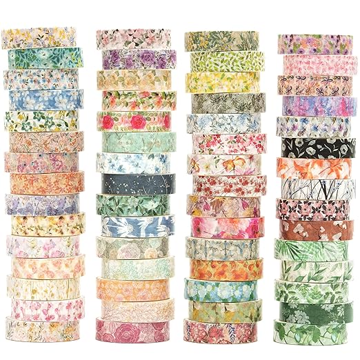 YUBX Flowers Washi Tape Set 60 Rolls Floral Patterns Decorative Skinny Blooms Masking Tapes for Arts, DIY Crafts, Journals, Planners, Scrapbook, Wrapping (Spring)