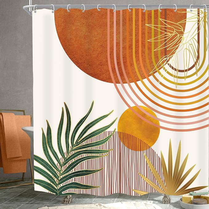 KOMLLEX Mid Century Orange Boho Shower Curtain 72Wx72L Inches Abstract Modern Shower Curtains for Bathroom Decor Plant Botanical Minimalist Arch Sun Fabric Liner Waterproof Polyester 12 Pack Hooks