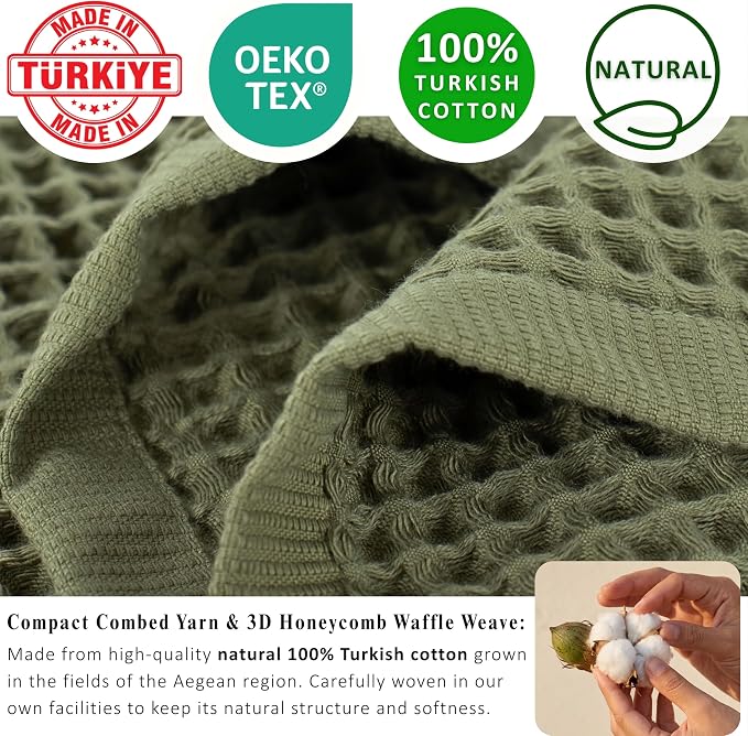 PÜSKÜL Natural 100% Turkish Cotton Waffle Kitchen Towels Set of 3 | Oeko-Tex, Premium Waffle Hand Towels for Bathroom | Soft Absorbent Quick-Dry Lint-Free Dish Towel Large 32x16 inch (3, Khaki Green)
