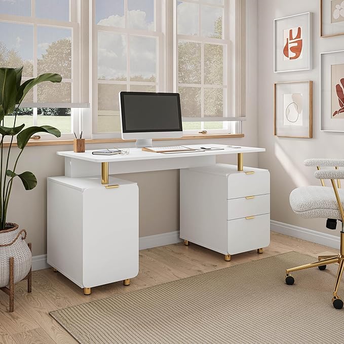 Elegant 56.75" W Executive Desk with 3 Drawers and Storage Cabinet, Modern Office Desk with Gold Accents, Floating Work Surface, Closed Storage with Ventilation & Adjustable Shelf (White,Gold)