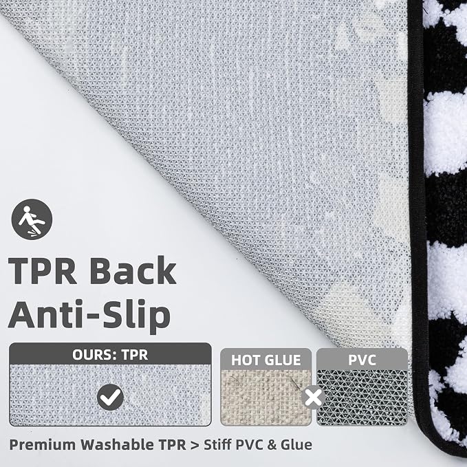 Non Slip Tufted Checkered Bath Mat, Cute Funky Microfiber Absorbent Bath Rug for Bathroom Sink, Toilet, High Pile Black and White Checkerboard Rug, Machine Washable, 16"x24"