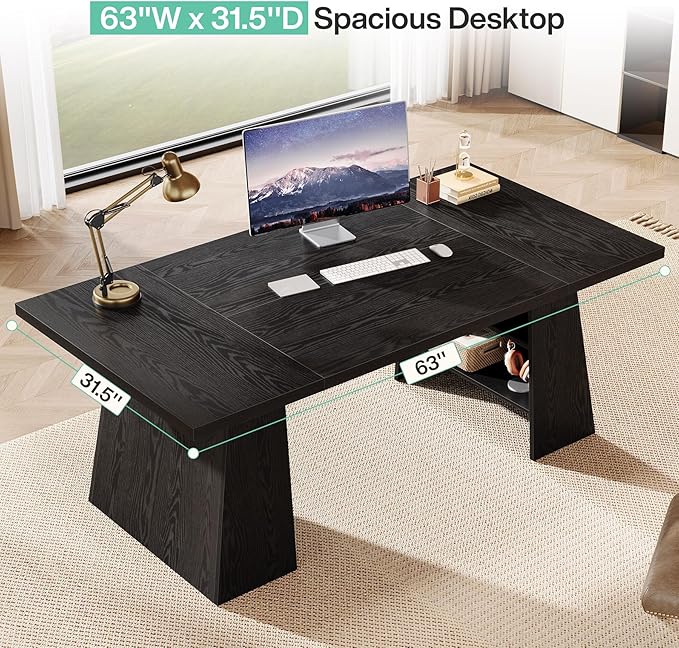 Tribesigns 63-Inch Executive Desk, Modern Black Office Desk with Double Pedestal and Storage Shelves, Simple Large Computer Writing Conference Table Workstations Business Furniture for Home Office