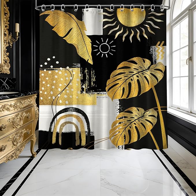 Black and Gold Mid Century Modern Shower Curtain Bohemian Abstract Dark Mens Shower Curtains for Bathroom Decor Sets, Waterproof Cloth Fabric with Hooks, 60x72 Inch