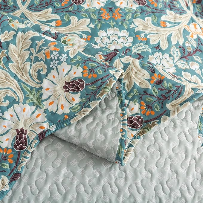 HoneiLife Queen Quilt Bedding Set - Microfiber Quilt Sets for Queen Bed, 3-Piece Lightweight Bedspreads,Reversible Coverlets Rustic Bed Cover, Floral Bedding Set All Season Quilts-Grayish Green