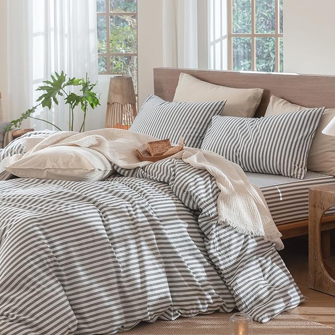 MooMee Striped Duvet Cover Set 100% Washed Cotton Linen Like Textured Breathable Durable Soft Comfy (Dark Grey White Classic Stripes, Oversized King Plus 128"x120")