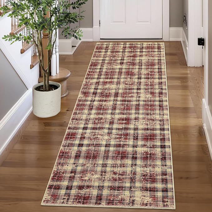 Washable Rugs 2x10 Runner Rug Modern Plaid Bathroom Rugs Non Slip Kitchen Runner Low Pile Entryway Rug Soft Runners Stain Resistant Carpet for Laundry Hallway Bedside 2'x10' Red
