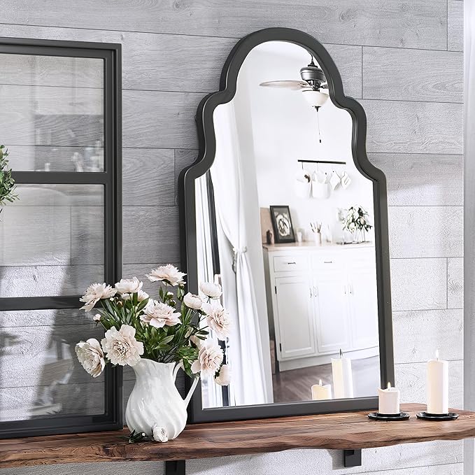 24"x40" Black Arched Mirror for Bathroom Vanity, Matte Black Wood Frame Wall Mirror for Fireplace Mantel, Modern Farmhouse Industrial Decor for Entryway, Large Arch