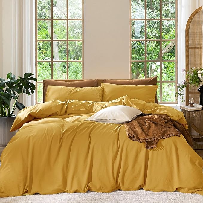 MooMee Bedding Duvet Cover Set 100% Washed Cotton Linen Like Textured Breathable Durable Soft Comfy (Solid Yellow, Twin 68"x90")