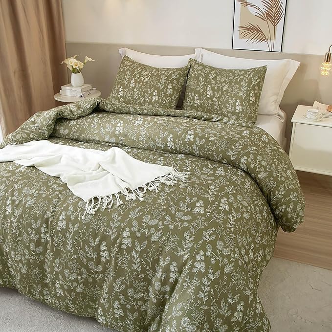 EAVD Vintage Style Garden Olive Green Floral Duvet Cover Queen Soft Cotton Chic Small Floral Bedding Set with 2 Pillowcases Reversible Fresh Botanical Duvet Cover with Zipper Closure