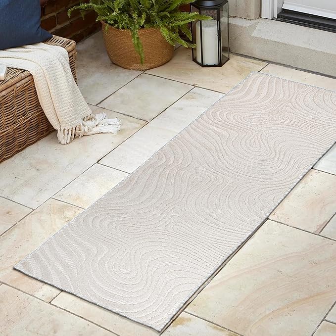 JONATHAN Y Maribo High-Low Abstract Striped Cream/Ivory 2x10 Indoor/Outdoor Runner Rug, Pet Friendly, Non-Shedding, Stain Resistant, Easy-Cleaning for Backyard, Patio (SCN103A-210)
