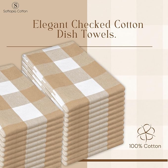 Buffalo Check 12 Pack Kitchen Towels, 16x26 Inches, Classic Farmhouse Plaid Dish Towel, 100% Cotton, Absorbent, Washable for Drying Dishes, Cleaning, Everyday Kitchen Use, Beige White
