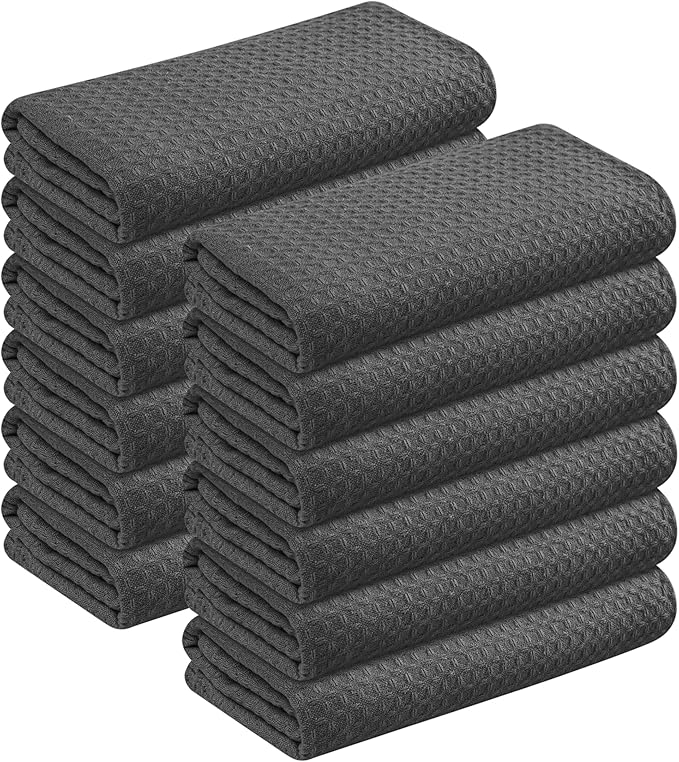 Gray Kitchen Towels – Waffle Weave, 100% Cotton, Soft & Absorbent, Fast Dry, Durable, 16x26 Inches, Perfect for Dish Drying, Bar, Cleaning, and Everyday Use, Set of 12, Grey